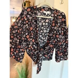 Pink Rose Floral Tie-Front Kimono Crop Top Black Pink Orange Size Large 8-12